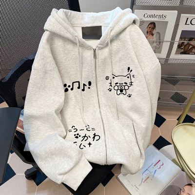 女童秋冬白灰色加绒拉链连帽外套