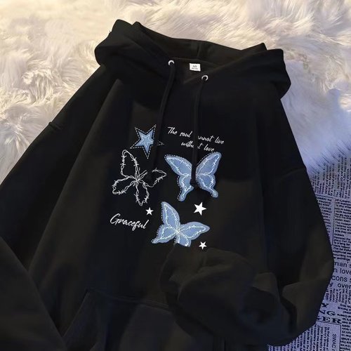 女童甜美蝴蝶印花黑色卫衣中大童