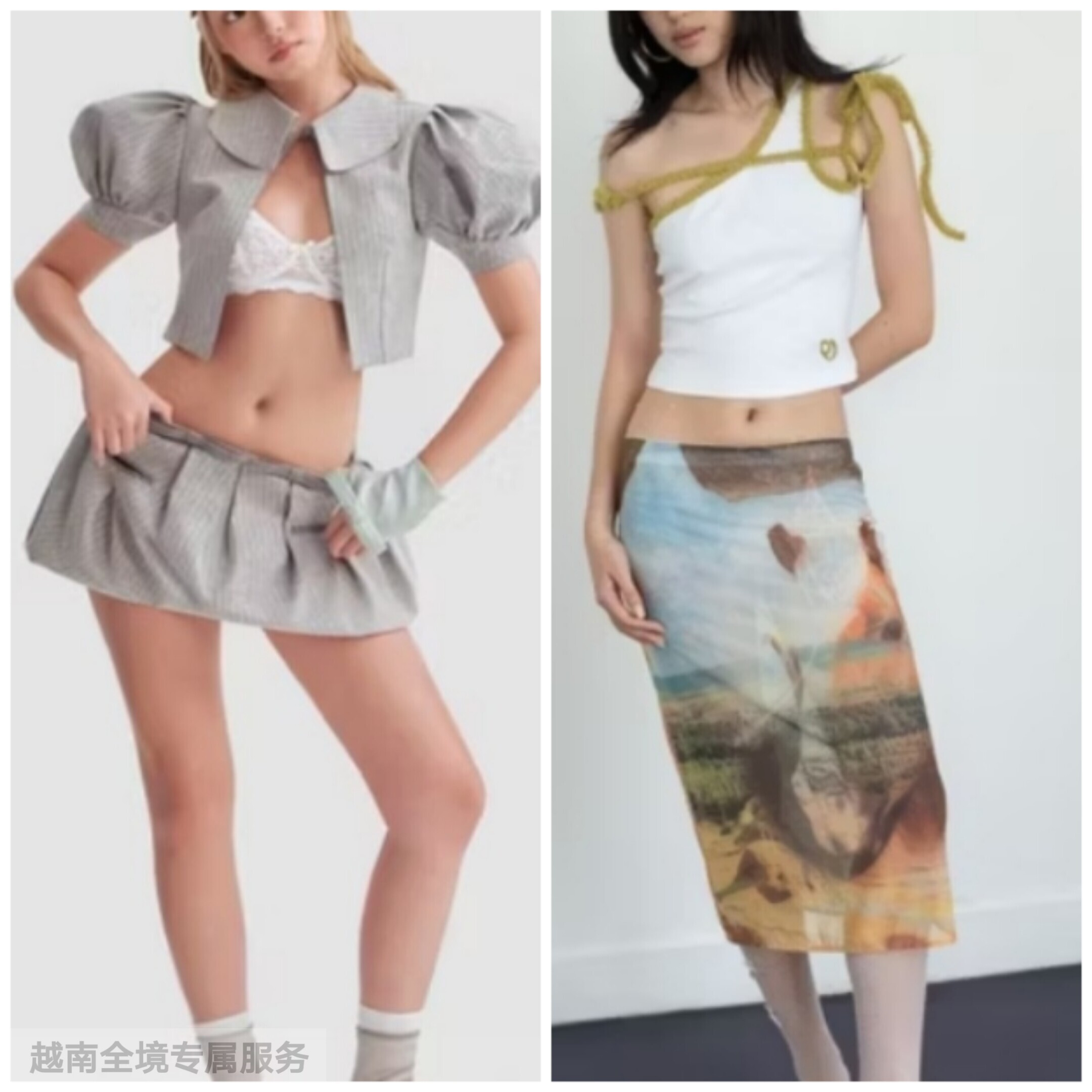 越在线越南小众aeie新款泡泡袖上衣短裙套装+斜肩吊带背心