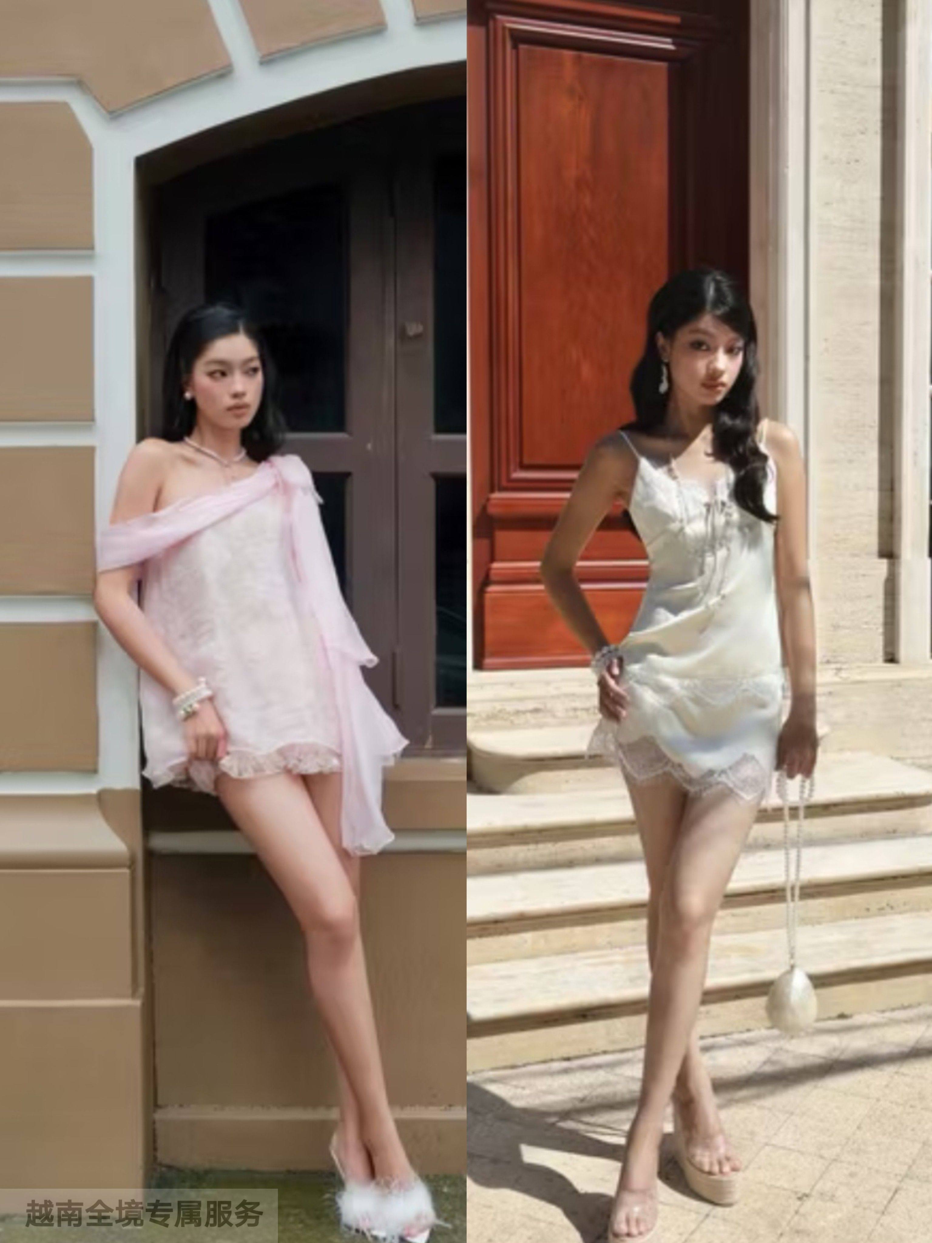越在线越南小众ninysmuse性感蕾丝落肩蝴蝶结/吊带蕾丝捆边短裤裙