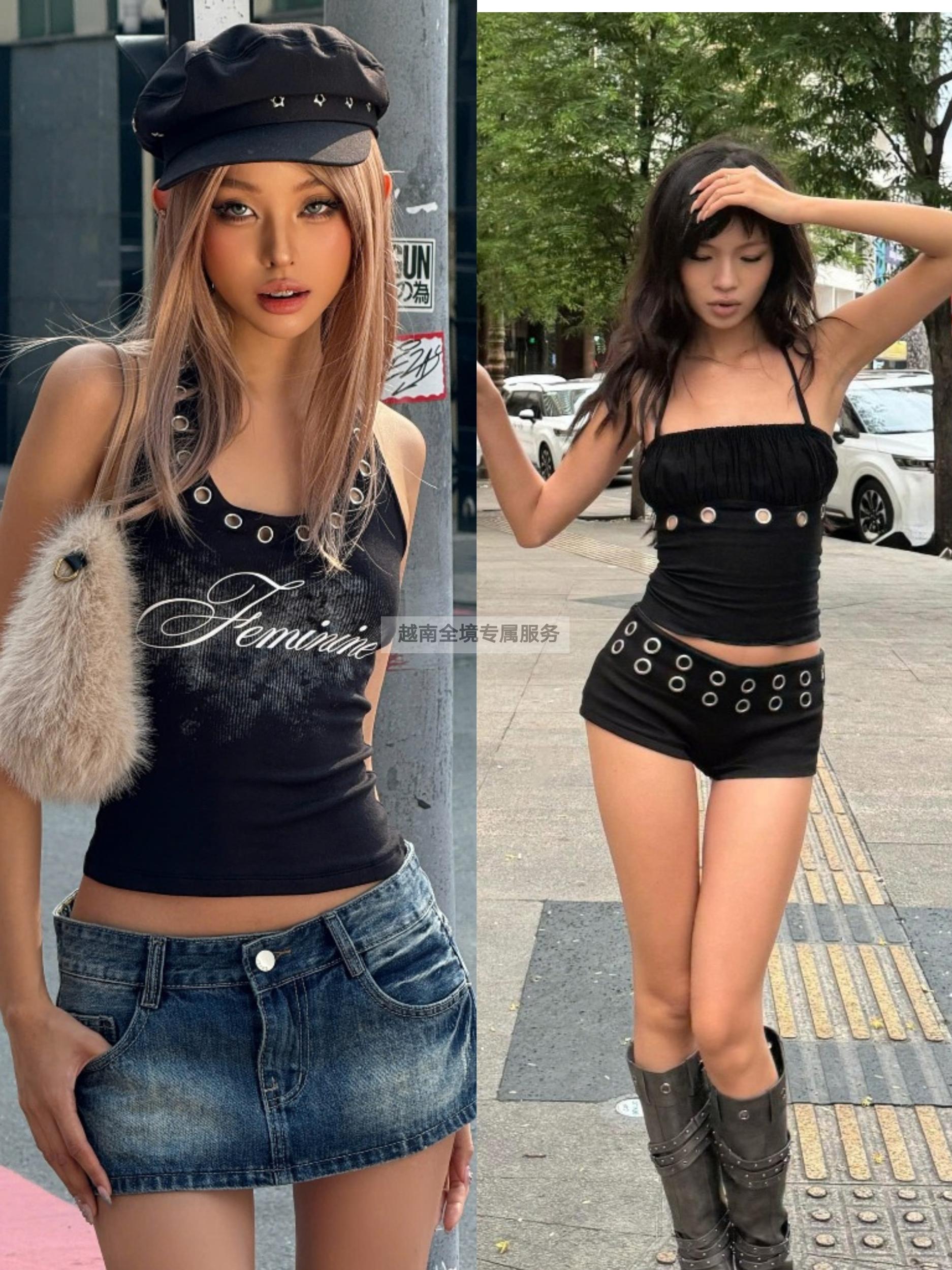 越在线越南小众twenti新款性感辣妹风修身吊带背心短裤短裙套装
