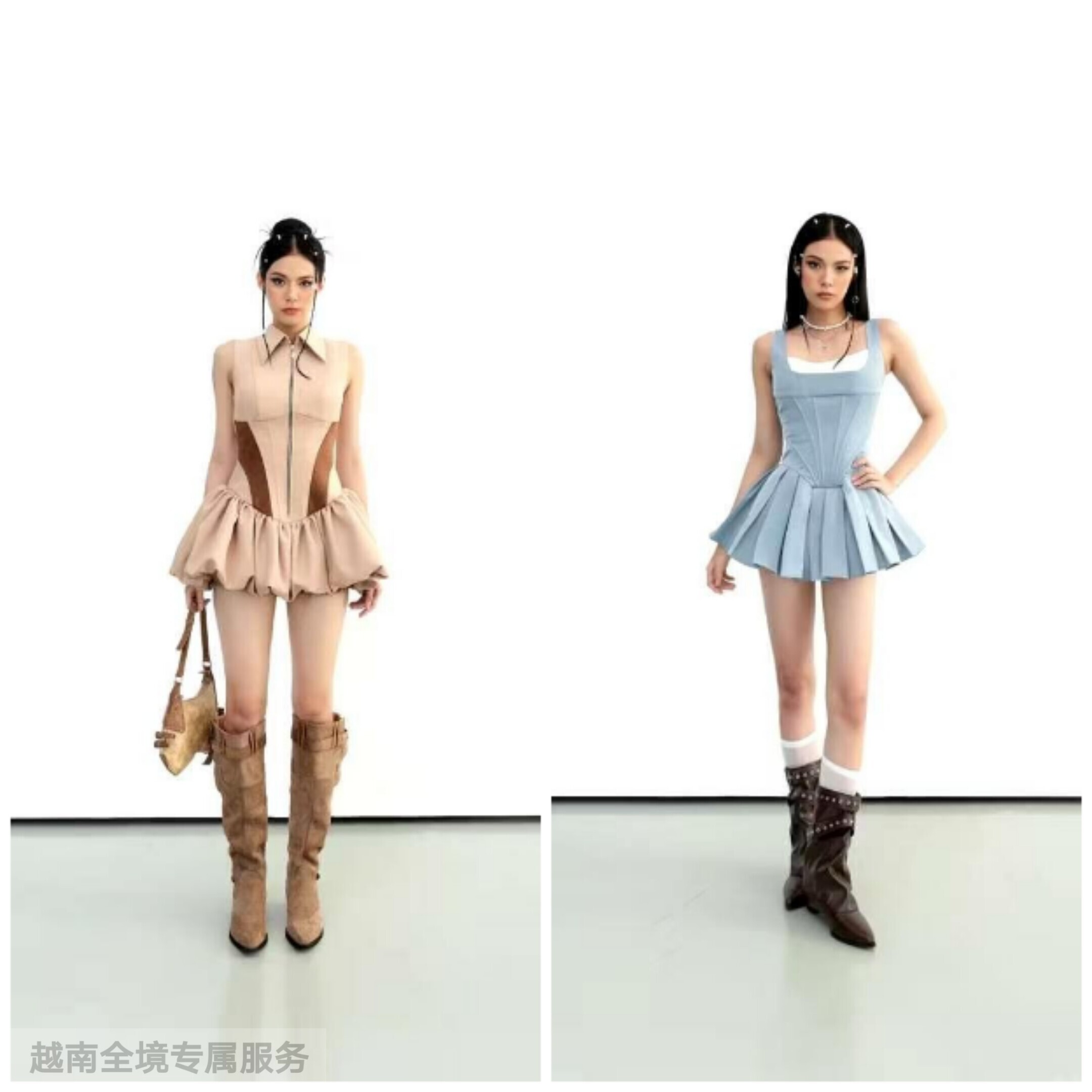 越在线越南小众cera新款吊带荷叶边连衣短裙+无袖蓬蓬连衣短裙