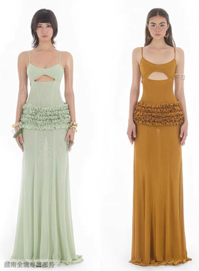 越在线越南小众doublebizz简约性感镂空露腰荷叶边吊带连衣长裙