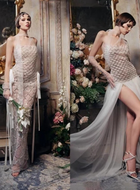 越在线越南小众ninisesi新款高贵女神范亮片网纱开叉/鱼尾礼服裙