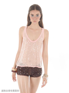 越在线越南小众doublebizz新款半透明性感吊带背心亮片短裤套装