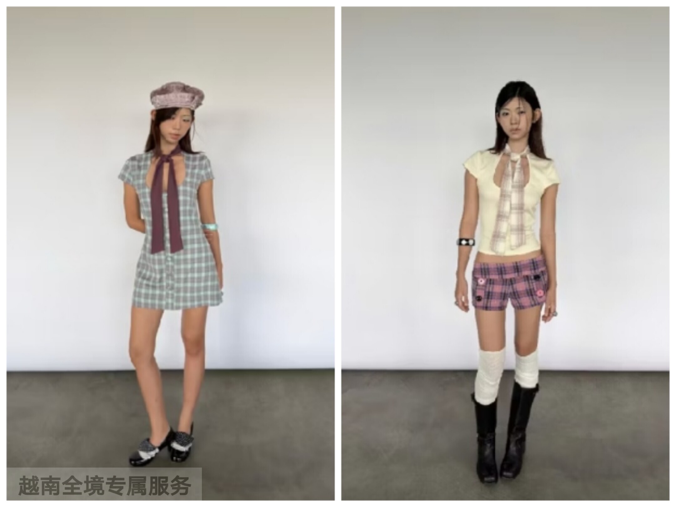 越在线越南小众intoeight新款方领格子连衣裙+蝴蝶结上衣短裤套装