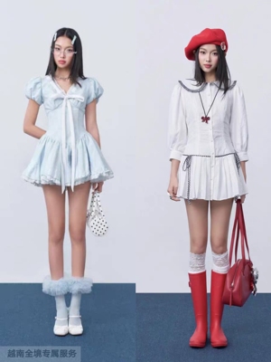 越在线越南小众baabeeboo甜美短袖泡泡袖百褶裙/娃娃领抽绳短裙