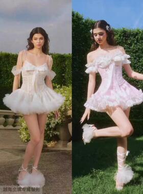 越在线越南小众ninisesi逃跑公主优雅吊带亮面点缀蓬蓬网纱短裙