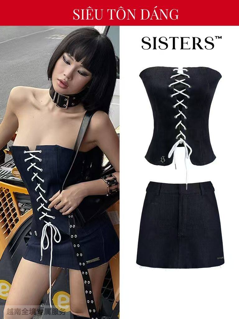 越在线越南小众品牌sisters法式复古抹胸绑带镂空鱼骨上衣包臀裙