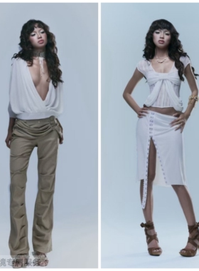 越在线越南小众reis新款长袖上衣微喇裤+白色蕾丝镂空半身裙套装