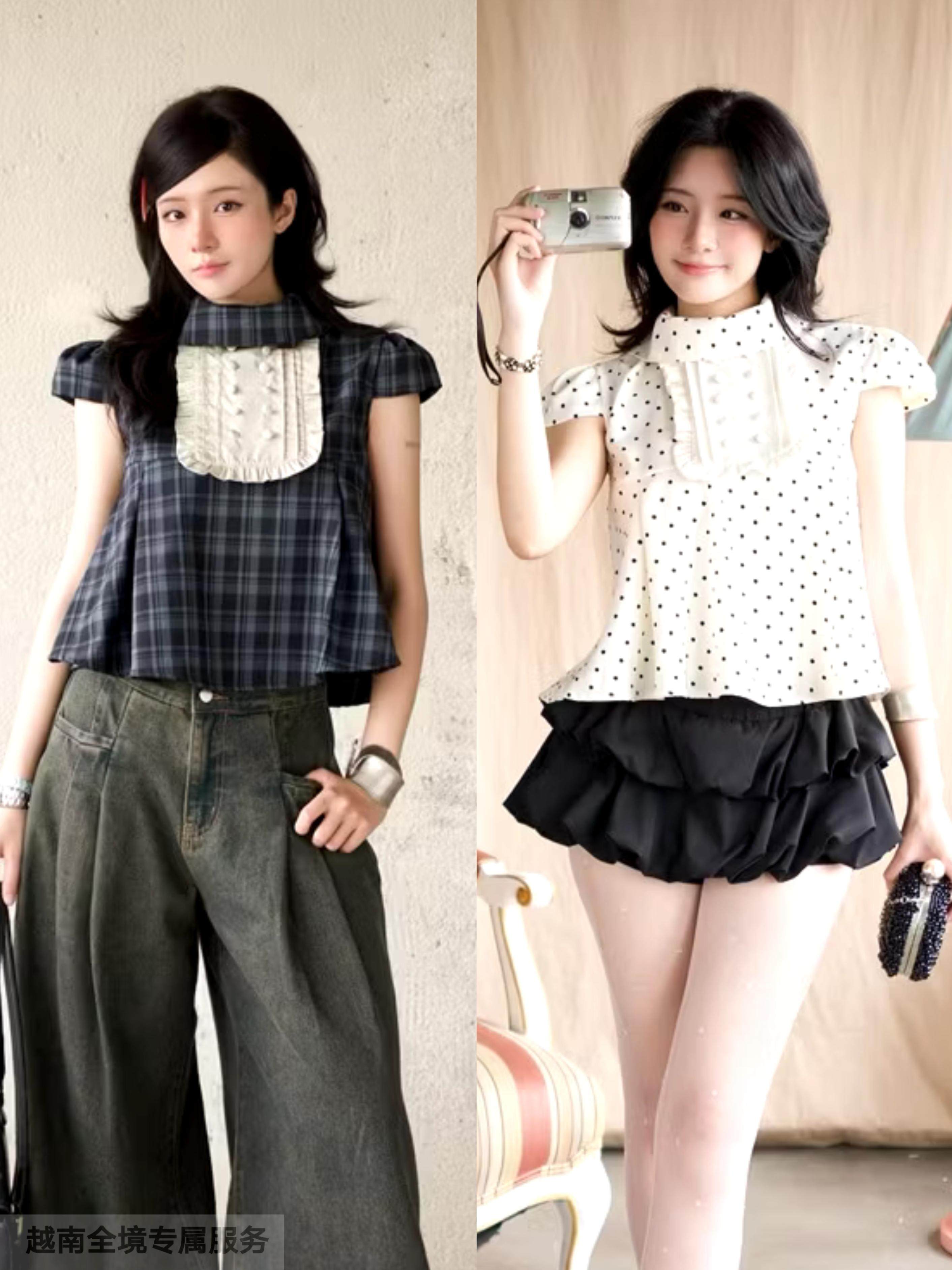 越在线越南小众mania甜美可爱少女风波点上衣休闲裤/花苞裙套装