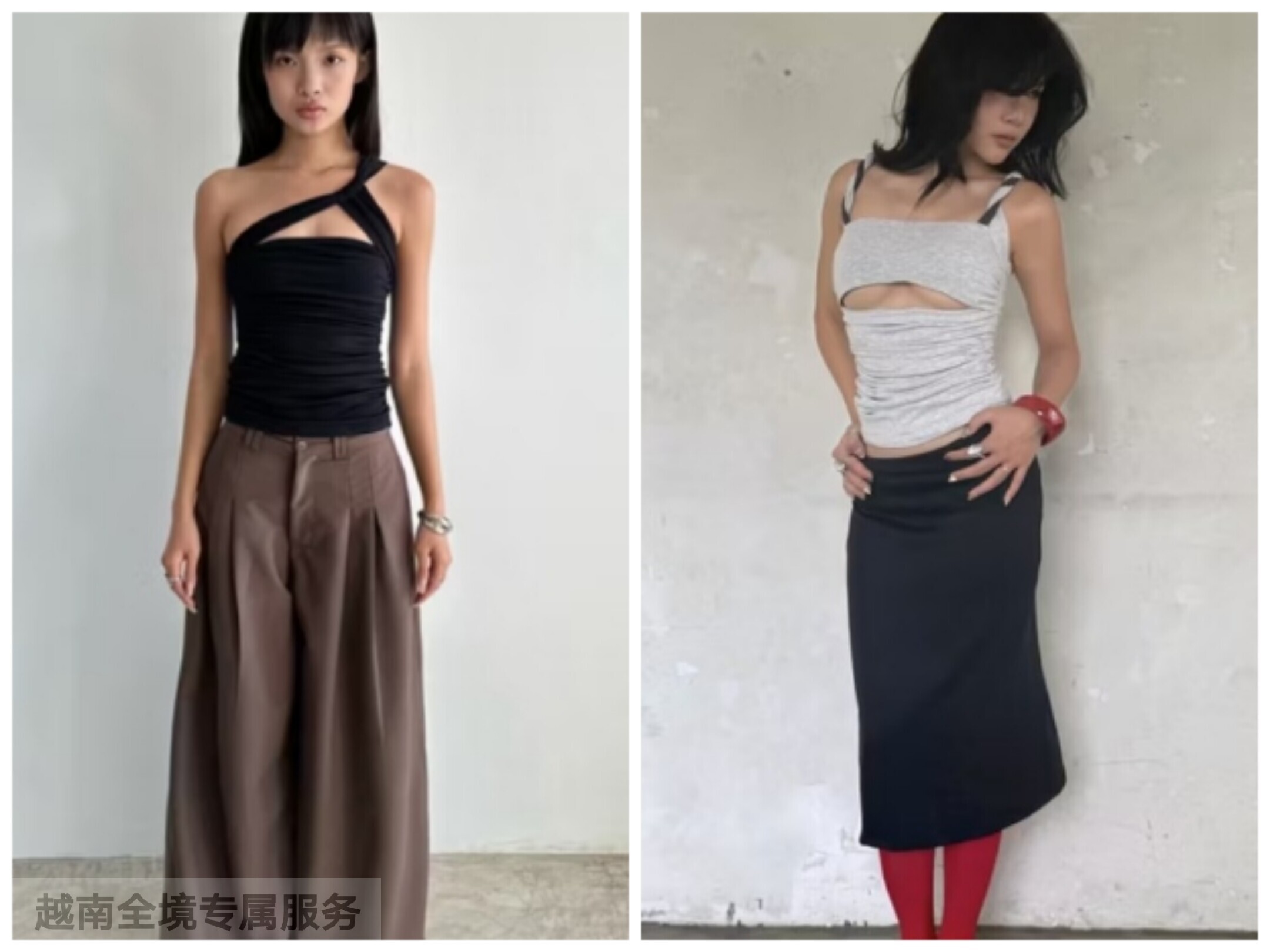 越在线越南小众odode新款露肩吊带背心+褶皱斜肩吊带阔腿裤套装