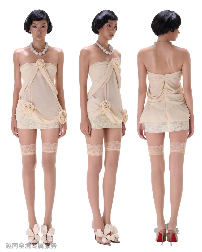 越在线越南小众ibiboss新款清新甜美立体花朵抹胸连衣裙