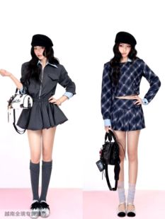 越在线越南小众hoo酷飒干练拉链收腰A裙/经典格子双排扣短裙套装