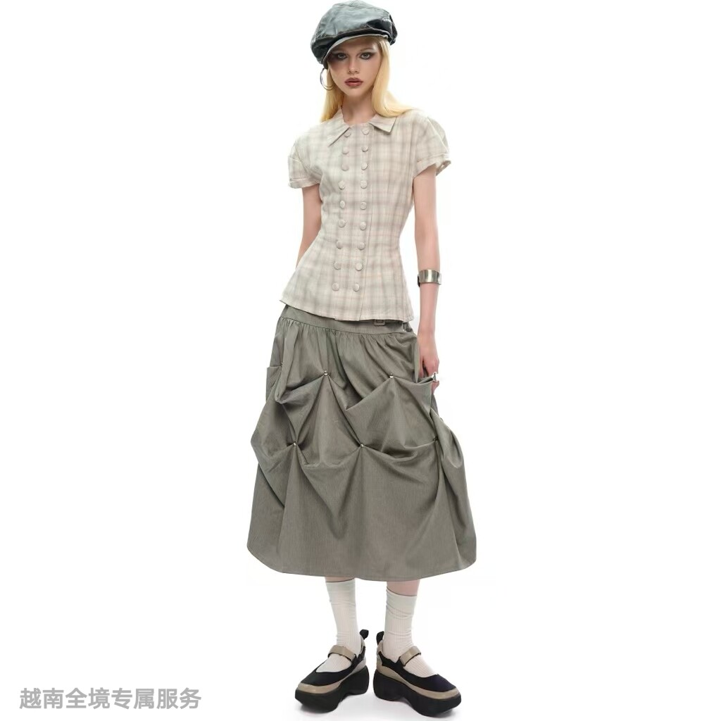 越在线越南小众into eight百搭格子衬衫蝴蝶结净色气质半裙套装