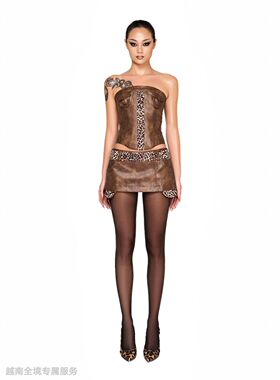 在线越南小众Lsoul豹纹抹胸性感鱼骨绑带拉链拼接上衣半身裙套装