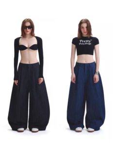 休闲裤 越在线越南小众push新款 简约条纹长条纹阔腿裤