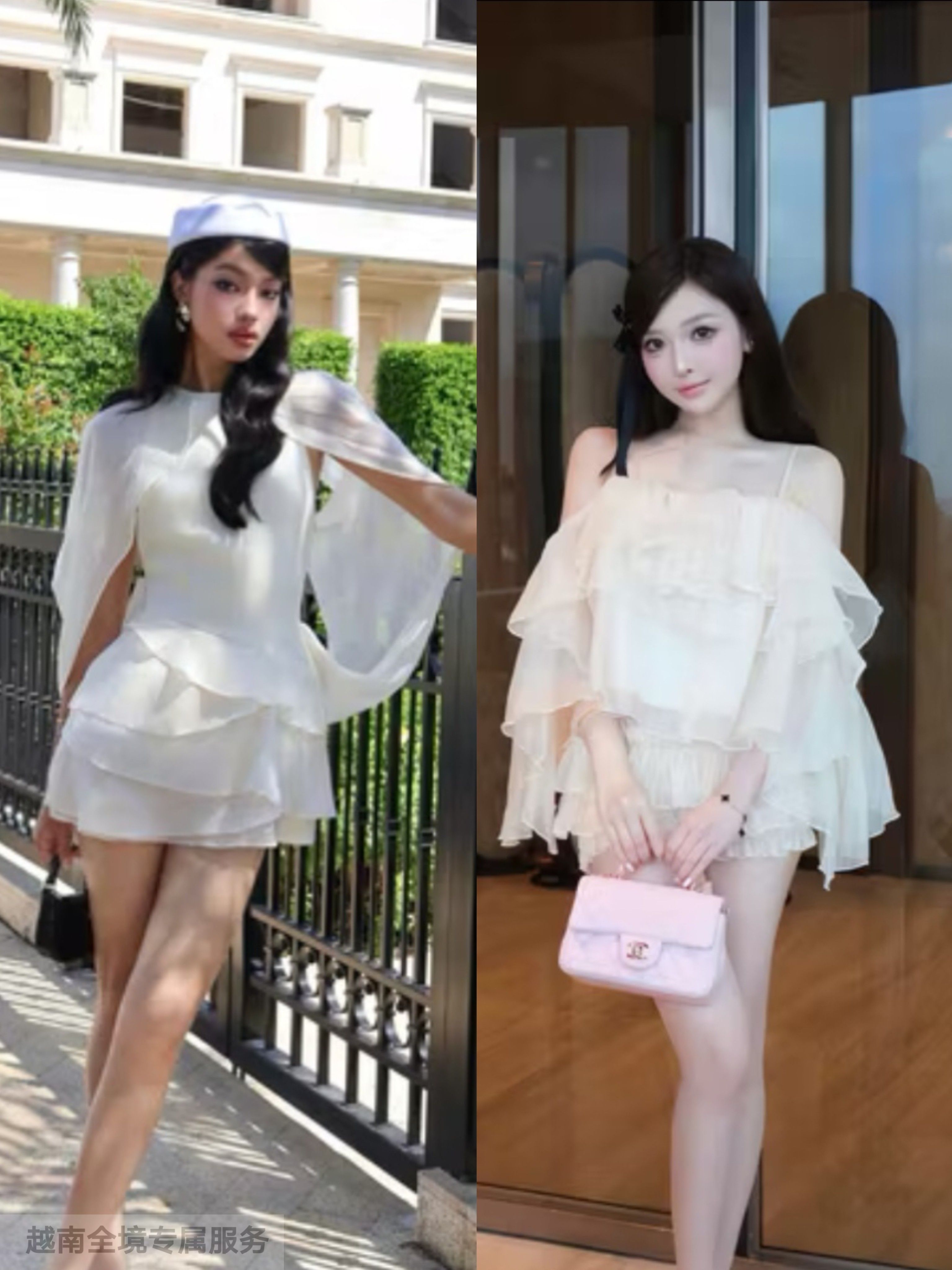 越在线越南小众ninysmuse甜美荷叶边吊带短款套装/披肩袖连衣裙