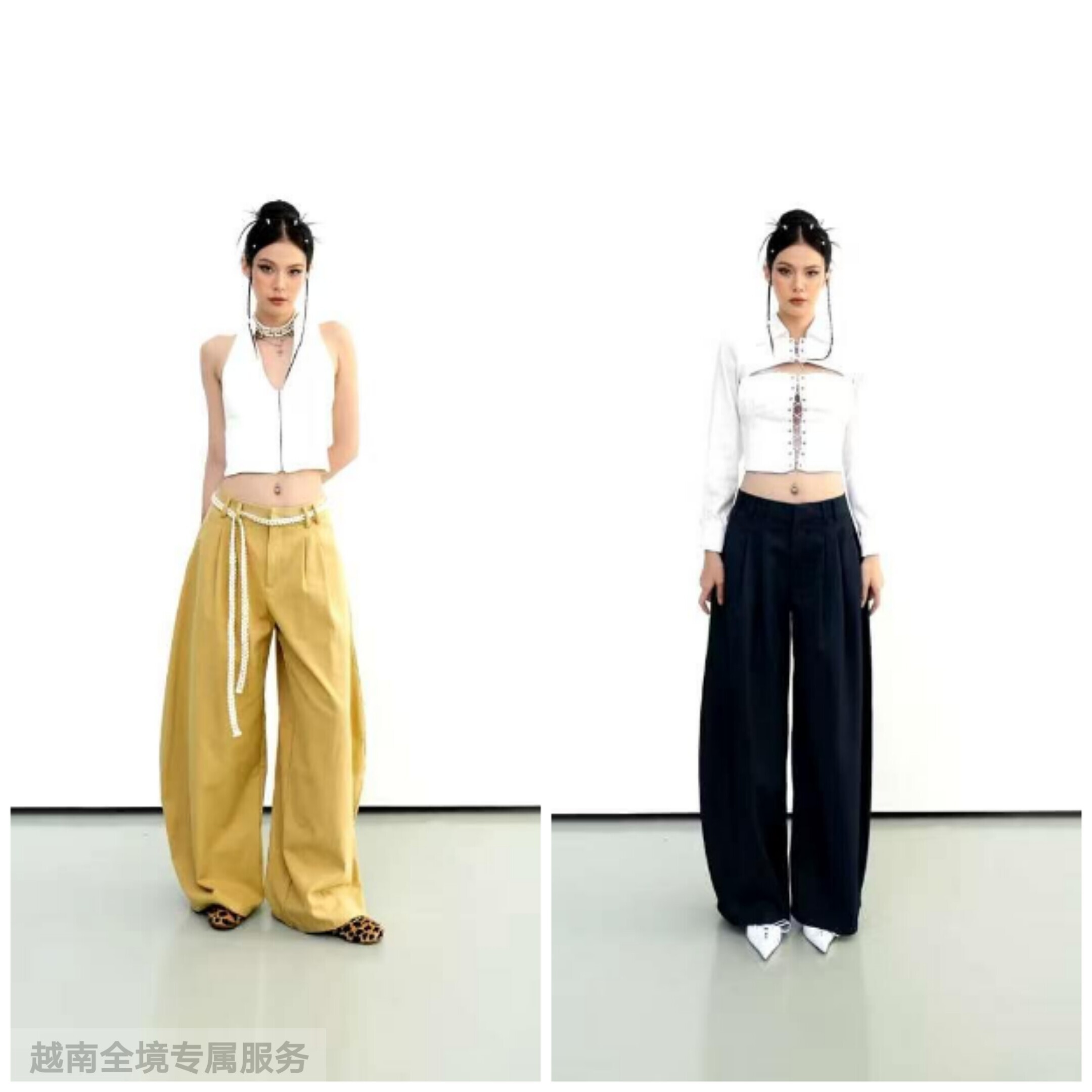 越在线越南小众cera新款绑带背心裤子套装+长袖束腰寸衫裤子套装