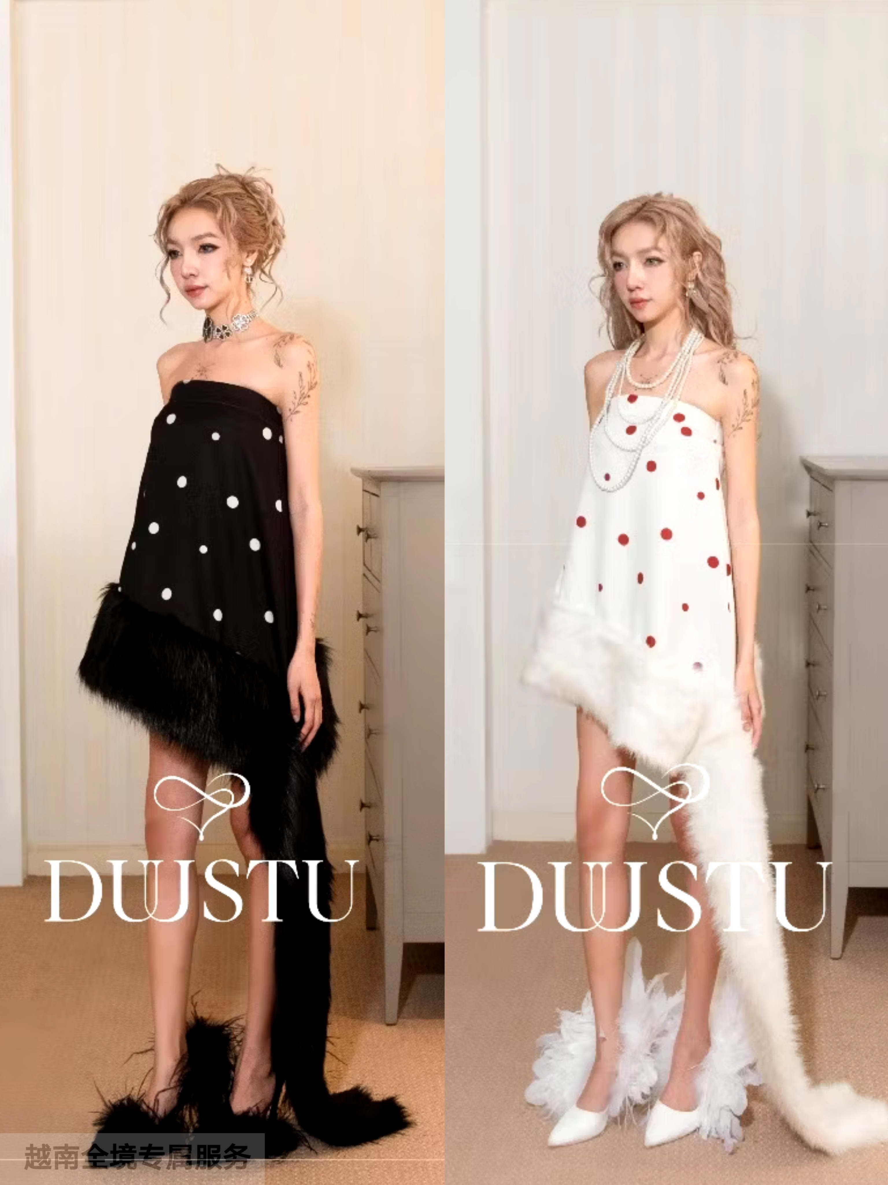 越在线越南小众duu新款性感抹胸波点羽毛拼接不规则裙摆短裙