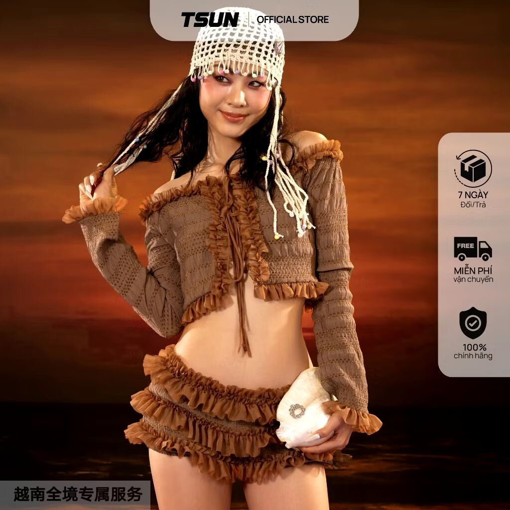 越在线越南小众Tsun新款甜美可爱少女风荷叶边一字肩上衣短裤套装