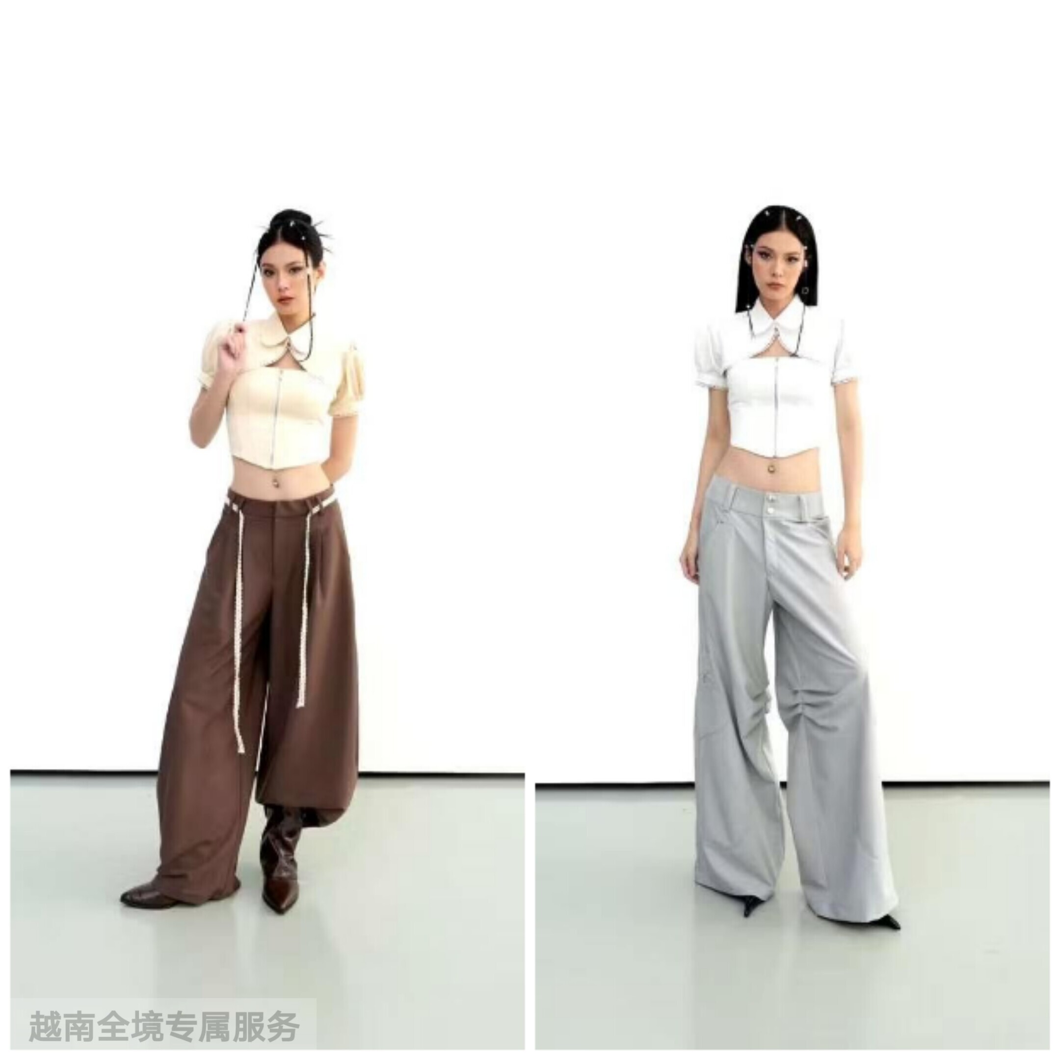 越在线越南小众cera新款优雅气质时尚百搭短袖宽腿裤套装