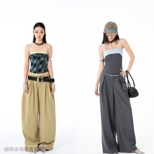 越在线越南小众hoo新款性感干练抹胸格子/撞色上衣阔腿裤套装