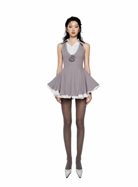 在线越南Lsoul moore连衣裙 衬衫领拼接针织立体玫瑰分层A字短裙