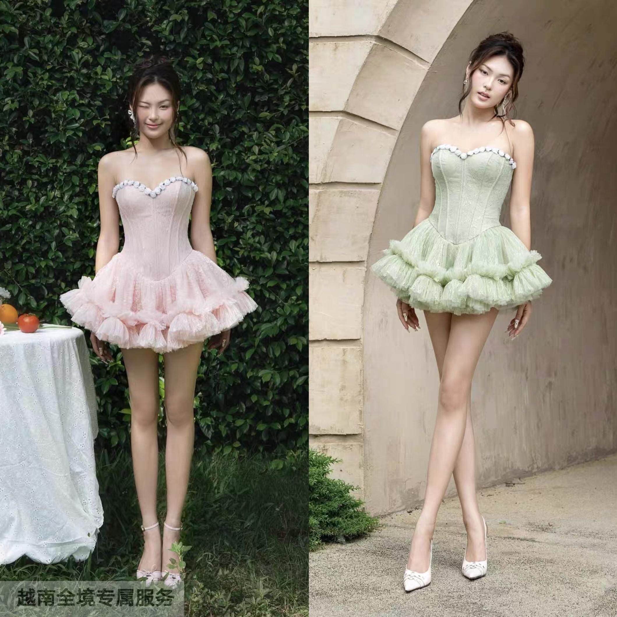 越在线越南小众lane ci新款清新甜美抹胸鱼骨收腰蛋糕蓬蓬连衣裙