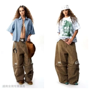 越在线越南小众insane新款格子衬衫工装裤套装+个性T恤工装裤套装