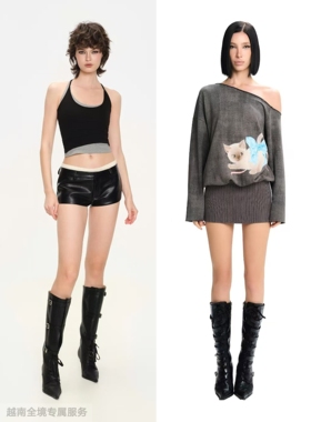 越在线越南小众Lsoul性感斜肩长袖猫咪印花包臀短裙/简约吊带背心