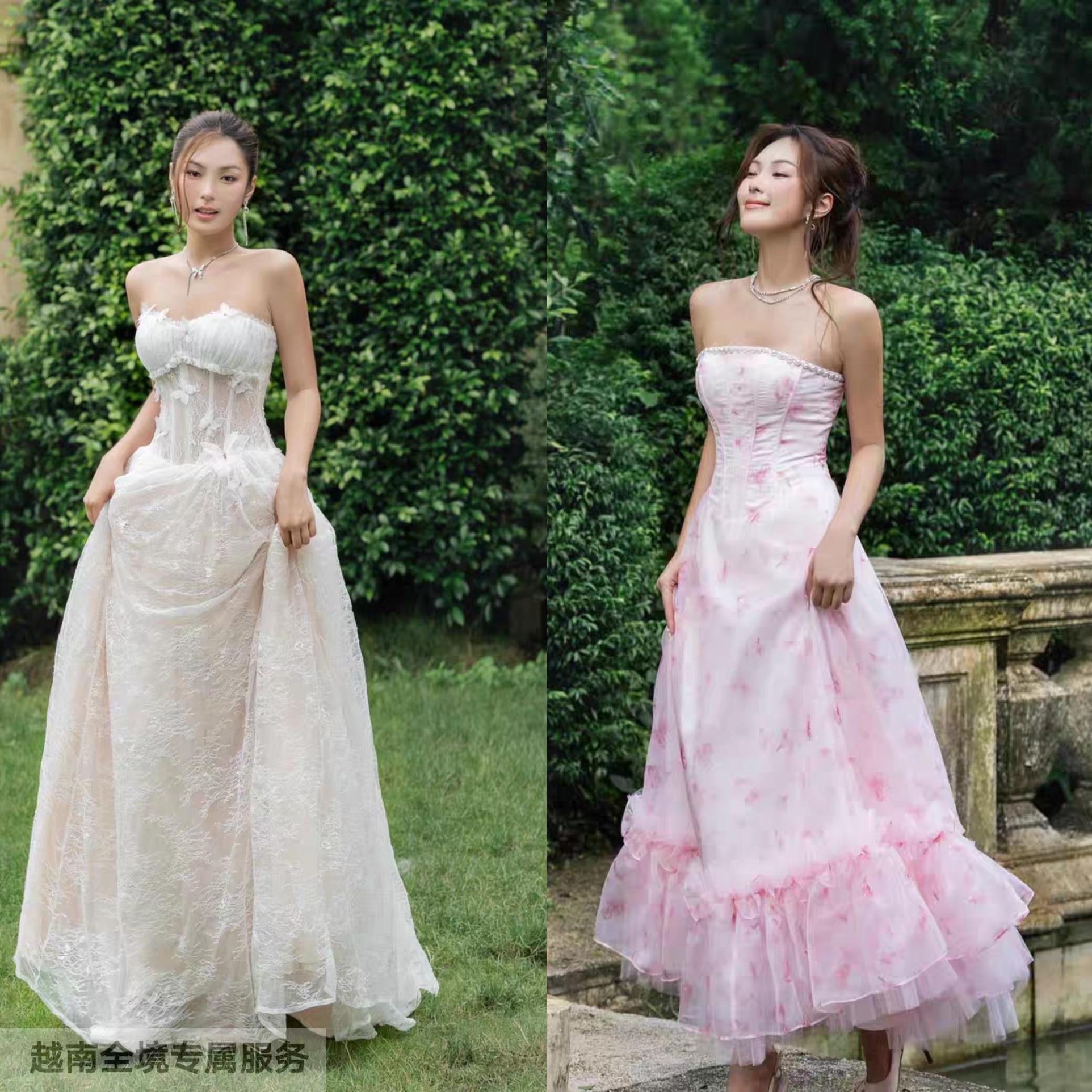 越在线越南小众lane ci新款甜美仙女气质抹胸鱼骨蓬蓬连衣长裙