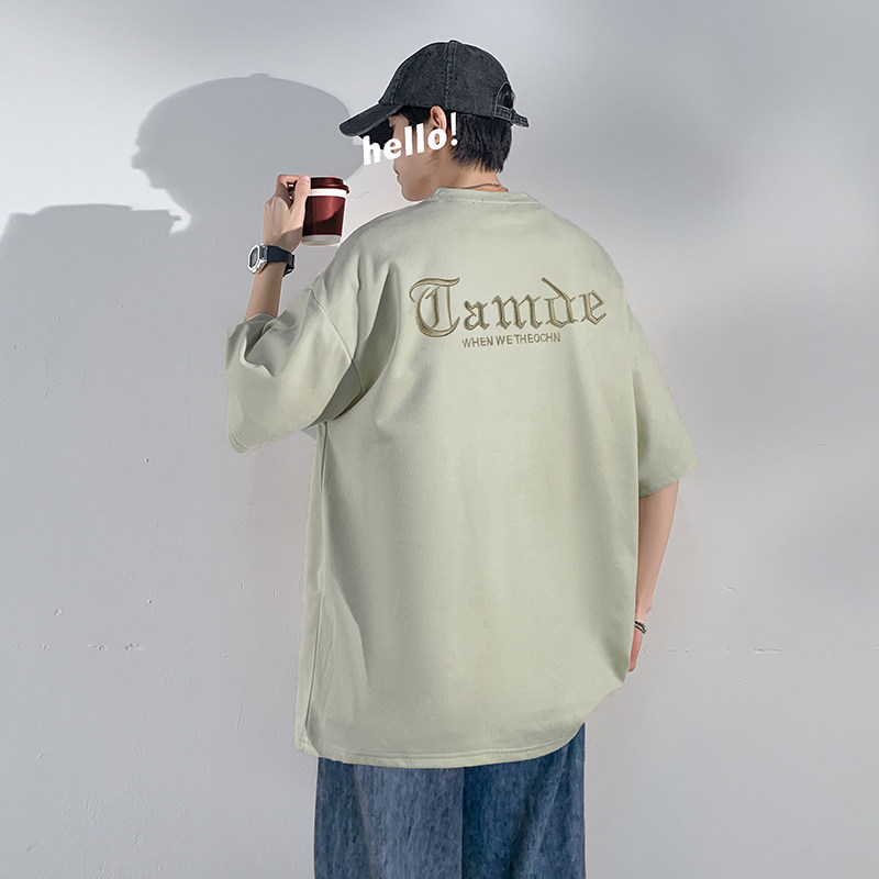 夏装高克重复古重磅刺绣宽松oversize麂皮绒短袖T恤男加大码胖子,男装T恤,星座909-2（原星座717-2）
