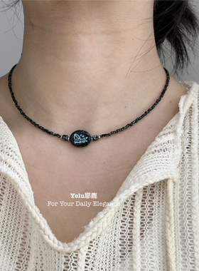 Yelu原创进口捷克珠串珠项链小众设计复古蓝色猫咪百搭锁骨链颈链