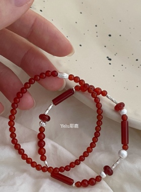 Yelu原创天然红玛瑙s925纯银手链不规则小众设计感复古红色细手串