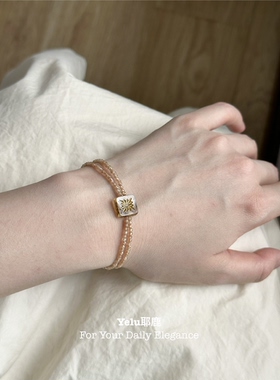 Yelu香槟色天然锆石手链女小众设计感烟花方牌文艺复古百搭手链