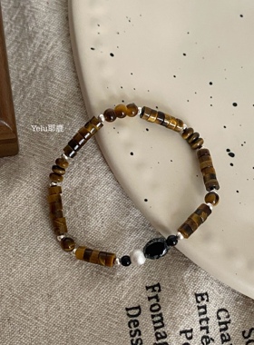 Yelu原创设计天然虎眼石银珠复古美拉德高级感棕色串珠手链男女