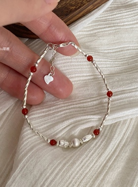 Yelu原创红玛瑙纯银幸运手链女小众设计新中式复古气质高级感手饰