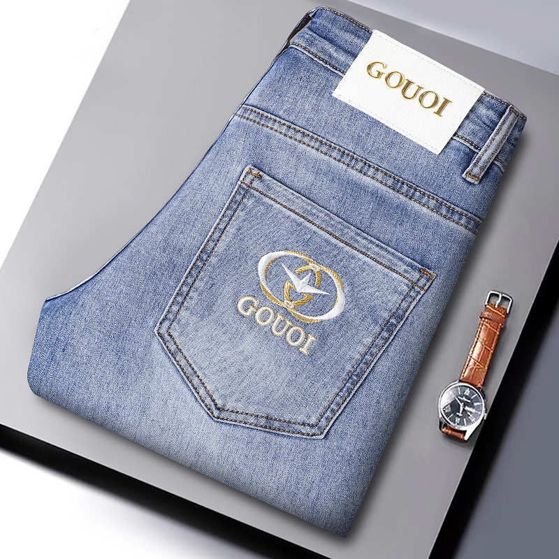 高端男士春夏牛仔裤中腰绣花弹力修身小脚高档剌绣男装长裤九分裤