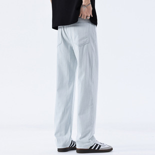 高端男士春夏新款浅白色人字纹凉爽面料宽松百搭直筒牛仔裤男裤子