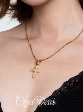CIYAVENI复古镶钻十字架欧美项链