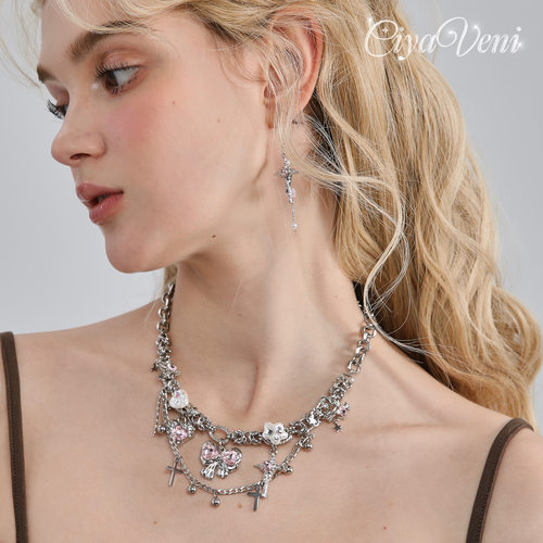 CIYAVENI粉色镶钻蝴蝶结Y2k项链