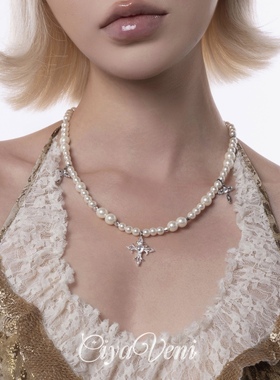 CIYAVENI原创设计中世纪复古镶钻珍珠十字架辣妹锁骨链简约项链