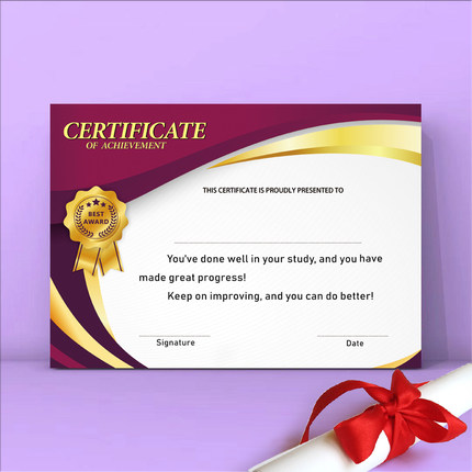 大号A4铜版纸奖章英语奖状纸内芯学生文化培训课程可定做荣誉证书