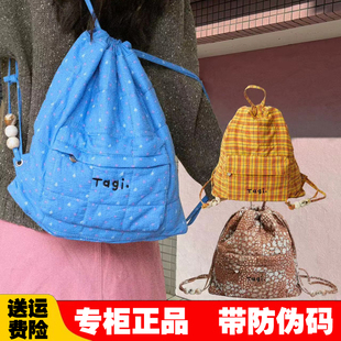 Tagi黄格子背包糖葫芦珍珠亚克力串珠可爱抽绳大容量帆布双肩包女