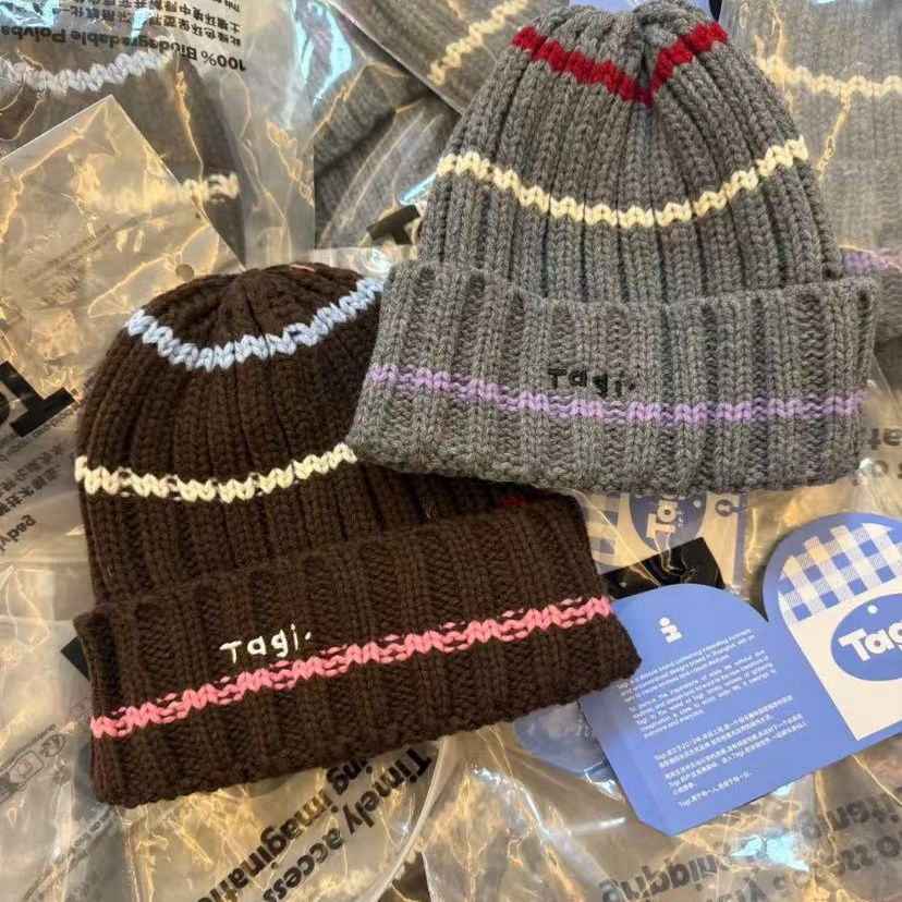Tagi.彩色条纹刺绣秋冬百搭防风防寒保暖帽子羊毛毛线帽针织帽
