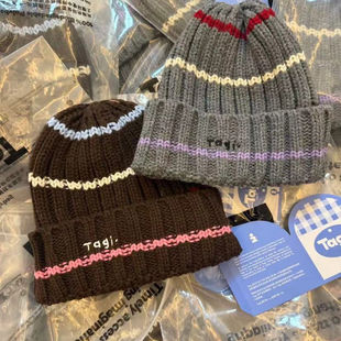 Tagi.彩色条纹刺绣秋冬百搭防风防寒保暖帽子羊毛毛线帽针织帽