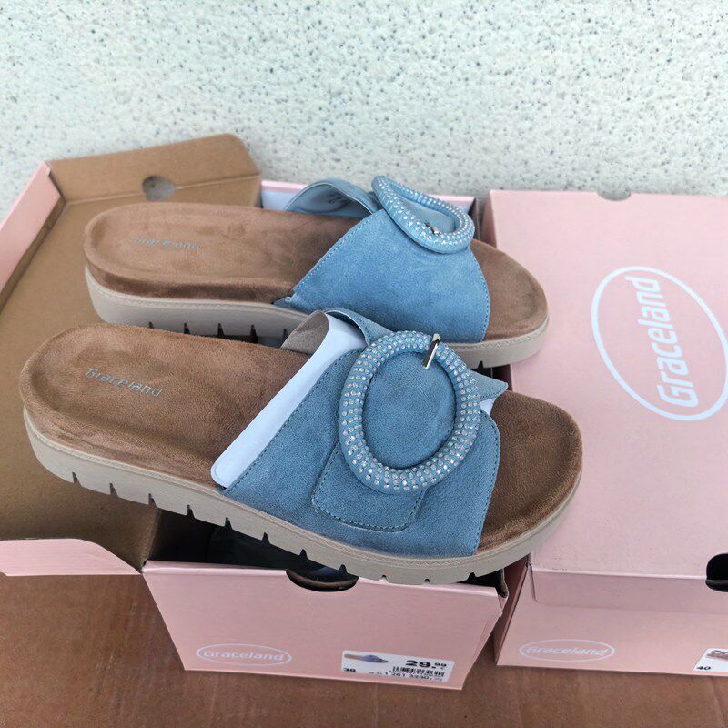 超美出口外贸大码凉拖鞋 足弓软底粘扣调节水钻厚底穆勒拖鞋36-43