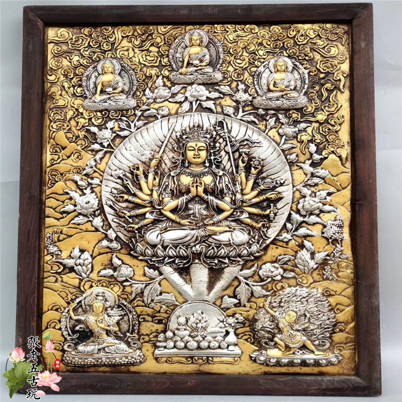 老木架木框尼泊尔彩绘唐卡画像宗教佛像家居装饰摆件挂画千手观音