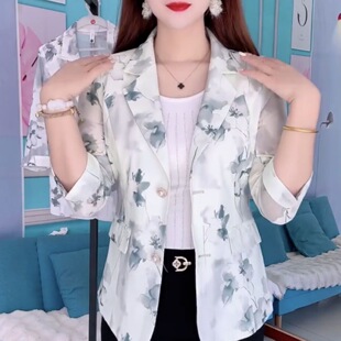 妈妈印花薄款西装夏季2025时尚外套上衣显瘦大码西服七分袖显瘦